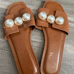 Zara Stylish Brown Pearl-Accent Slide Sandals